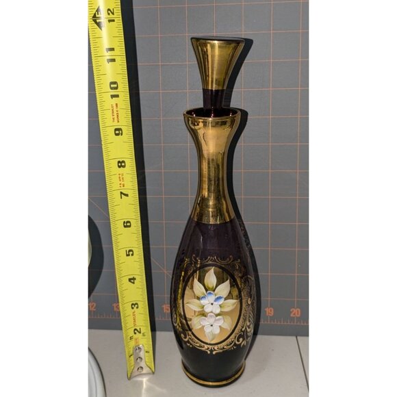 Vintage Amethyst Decanter Set 8 Hand-Painted Cups Gold Gilded Raised Floral Desi - Picture 11 of 16